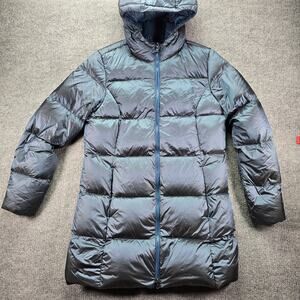 Eddie Bauer Luna Peak Jacket Womens Large Blue Green Hooded Puffer Down Parka